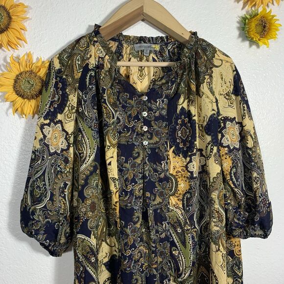 Figueroa & Flower Blouse Floral Quarter Button 3/4 Sleeve Blouse Plus Size 1X - Picture 2 of 5